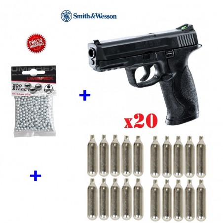 PISTOLA SMITH & WESSON M&P40 CO2 BB 4.5MM, 500 BOLAS DE ACERO BB 4.5 MM Y 20 CAPSULAS CO2 DE 12 GRAMOS